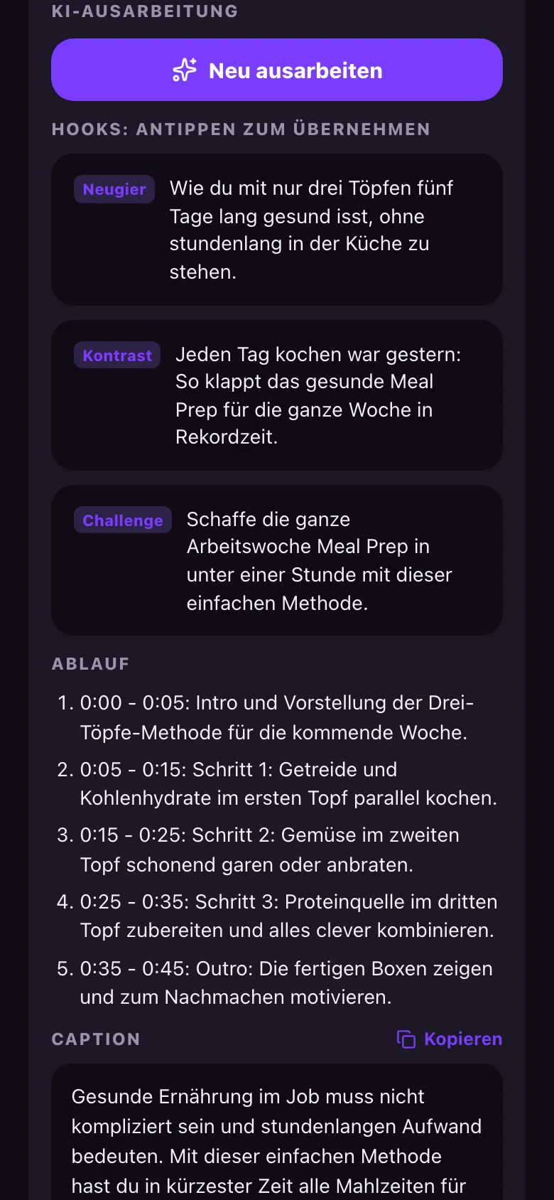 KI-Ausarbeitung einer Idee: drei Hook-Varianten, Ablauf in Sekunden, Caption